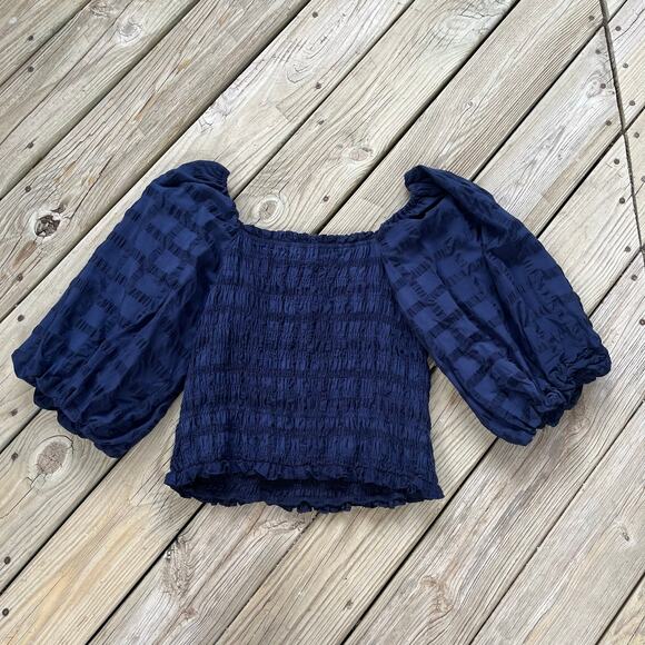 Anthropologie Maeve Bree Milkmaid Smocked Puff Sleeve Crop Top Navy Size XL - Picture 5 of 10